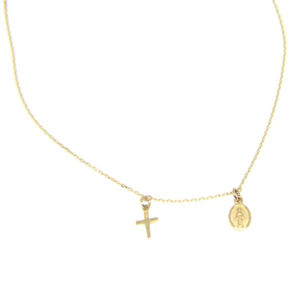 14k Yellow Gold Petite Cross and Miraculous Medal Necklace Arezzo Jewelers Elmwood Park, IL