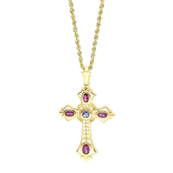 14k Yellow Gold Gemstone Cross with Rope Chain. Arezzo Jewelers Elmwood Park, IL