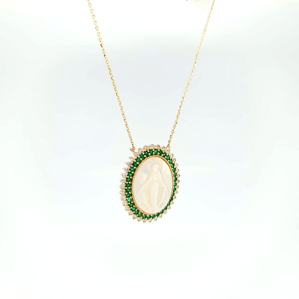 14k Yellow Gold Diamond and Emerald Virgin Mary Necklace Image 2 Arezzo Jewelers Elmwood Park, IL