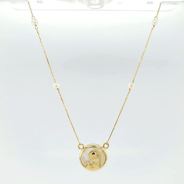 14K Yellow Gold Pearl Necklace With Praying Mother Pendant Image 3 Arezzo Jewelers Elmwood Park, IL