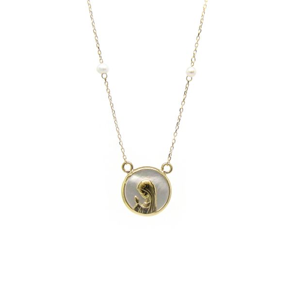 14K Yellow Gold Pearl Necklace With Praying Mother Pendant Arezzo Jewelers Elmwood Park, IL