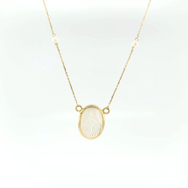 14k Yellow Gold Mother Of Pearl Our Lady of Guadalupe Necklace Arezzo Jewelers Elmwood Park, IL