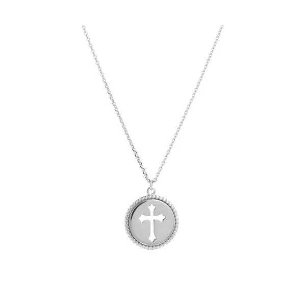 14k White Gold 12mm Circle Necklace with Cross Cut Out Arezzo Jewelers Elmwood Park, IL