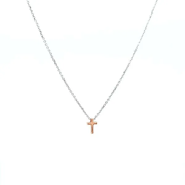 18k Two Tone Gold Petite Floating Cross Necklace Arezzo Jewelers Elmwood Park, IL