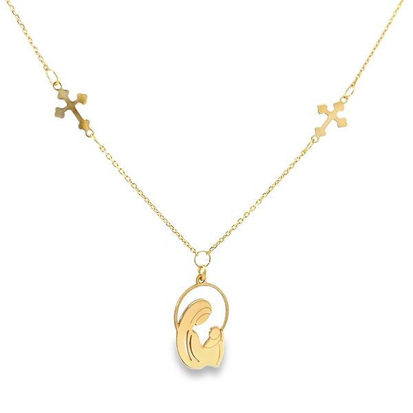 18K Yellow Gold Virgin Mary and Child Necklace with Cross Accents Arezzo Jewelers Elmwood Park, IL