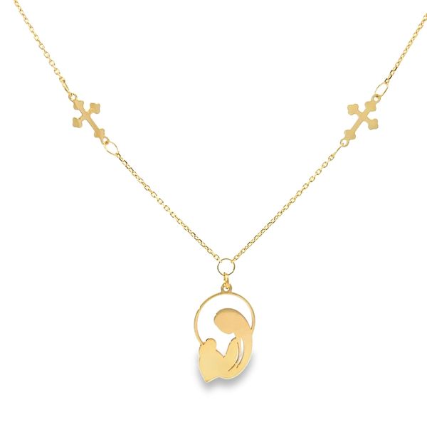 18K Yellow Gold Virgin Mary and Child Necklace with Cross Accents Image 2 Arezzo Jewelers Elmwood Park, IL