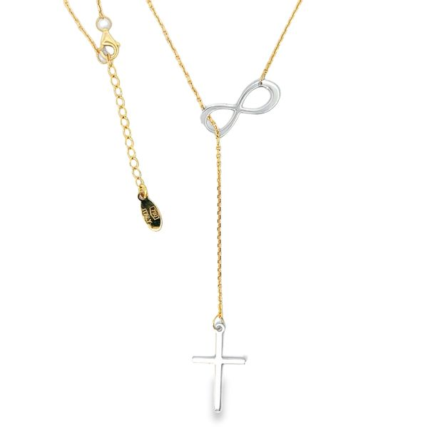 18K Two Tone Cross and Infinity Religious Lariat Necklace Image 2 Arezzo Jewelers Elmwood Park, IL