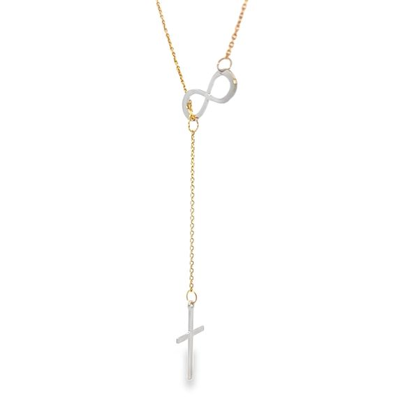 18K Two Tone Cross and Infinity Religious Lariat Necklace Image 3 Arezzo Jewelers Elmwood Park, IL