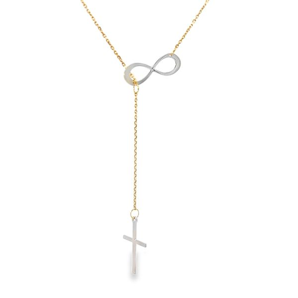 18K Two Tone Cross and Infinity Religious Lariat Necklace Image 5 Arezzo Jewelers Elmwood Park, IL