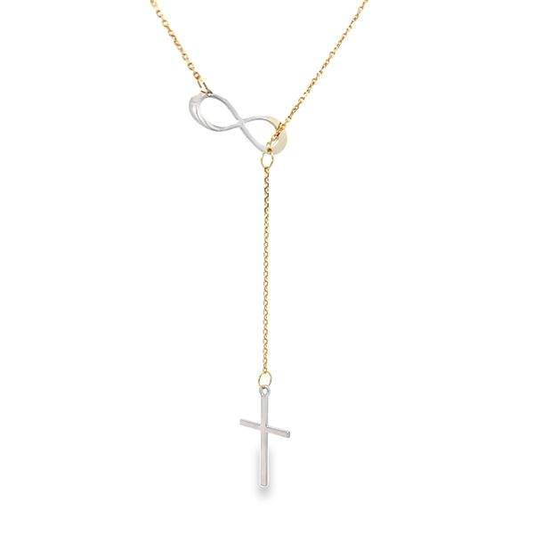 18K Two Tone Cross and Infinity Religious Lariat Necklace Arezzo Jewelers Elmwood Park, IL