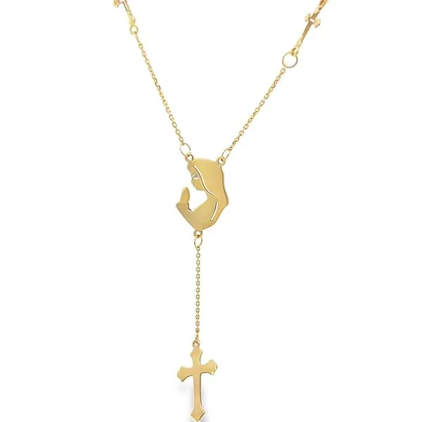 18K Yellow Gold Praying Virgin Mary and Cross Religious Lariat Necklace Arezzo Jewelers Elmwood Park, IL