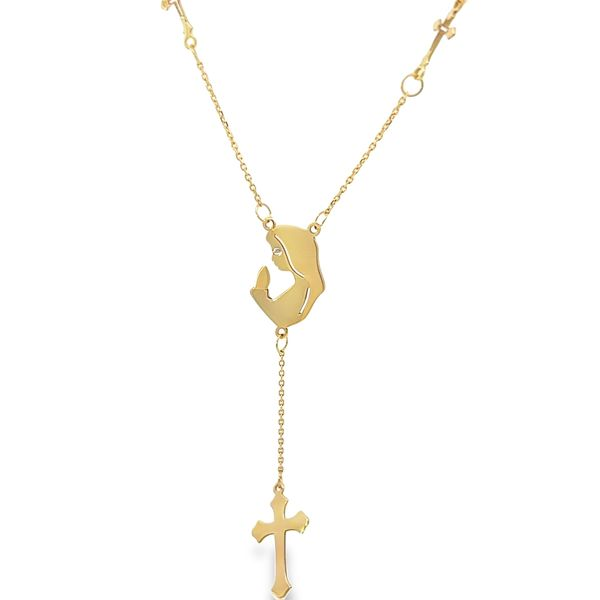 18K Yellow Gold Praying Virgin Mary and Cross Religious Lariat Necklace Arezzo Jewelers Elmwood Park, IL