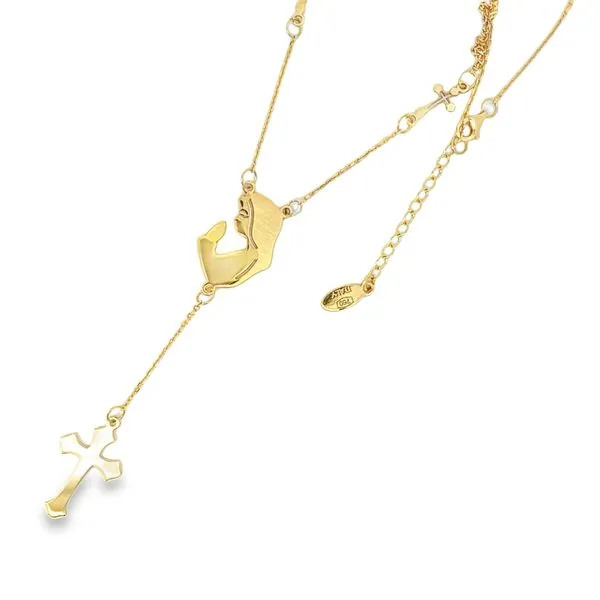 18K Yellow Gold Praying Virgin Mary and Cross Religious Lariat Necklace Image 2 Arezzo Jewelers Elmwood Park, IL