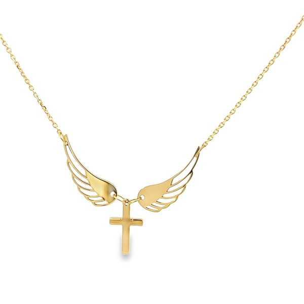 18K Yellow Gold Cross and Angel Wings Religious Necklace Image 2 Arezzo Jewelers Elmwood Park, IL