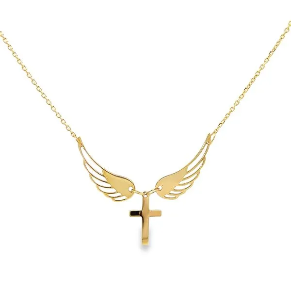 18K Yellow Gold Cross and Angel Wings Religious Necklace Arezzo Jewelers Elmwood Park, IL