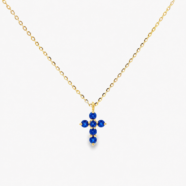 Petite .20ct Sapphire Cross Necklace in 14k Yellow Gold Arezzo Jewelers Elmwood Park, IL