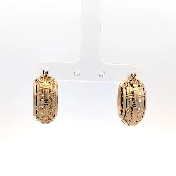 14 Karat Yellow Gold Fancy Weave Hoop Earrings at Arezzo Jewelers in Elmwood Park, IL.