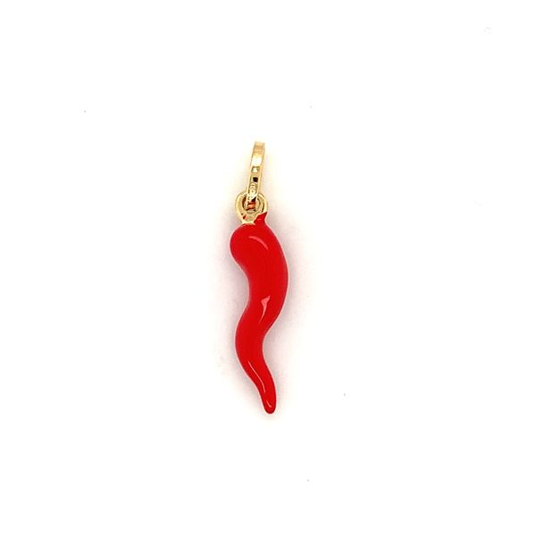 18k Yellow Gold Italian Horn Charm with Red Enamel, 1