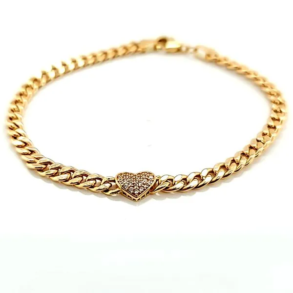 14k Yellow Gold CZ Pave Heart Cuban Link Bracelet Image 2 Arezzo Jewelers Elmwood Park, IL