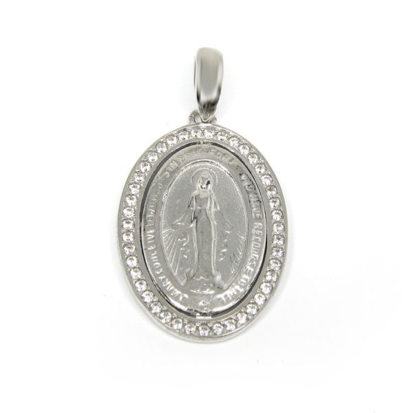 14k White Gold Miraculous Mary Oval Medal CZ Arezzo Jewelers Elmwood Park, IL