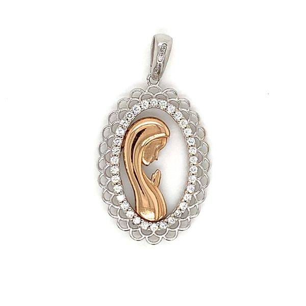 18K Rosé and White Gold Praying Mary Medal with CZ's Arezzo Jewelers Elmwood Park, IL