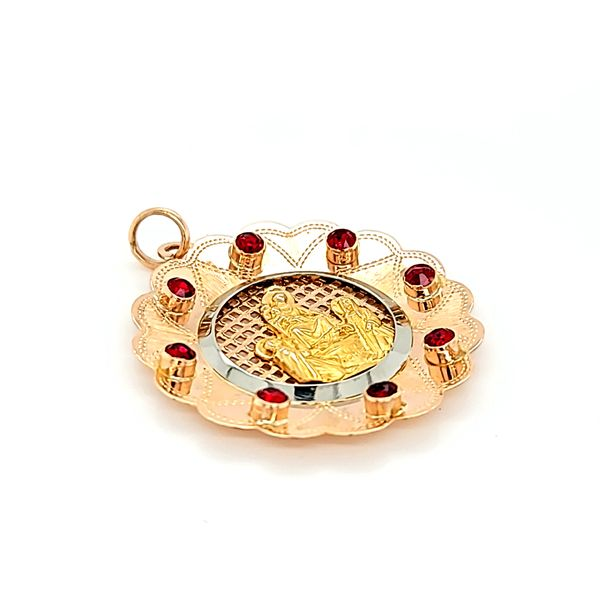 18k Yellow Gold Lady of Pompeii Medal with red rhinestones. Image 2 Arezzo Jewelers Elmwood Park, IL