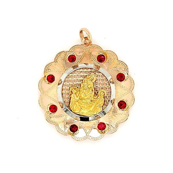 18k Yellow Gold Lady of Pompeii Medal with red rhinestones. Arezzo Jewelers Elmwood Park, IL