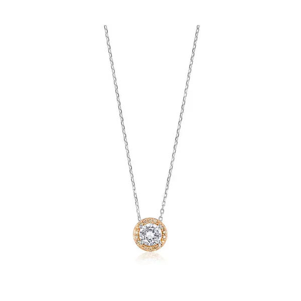 Sterling Silver & Rose Gold White Sapphire Pendant with Brown Diamond Halo Arezzo Jewelers Elmwood Park, IL
