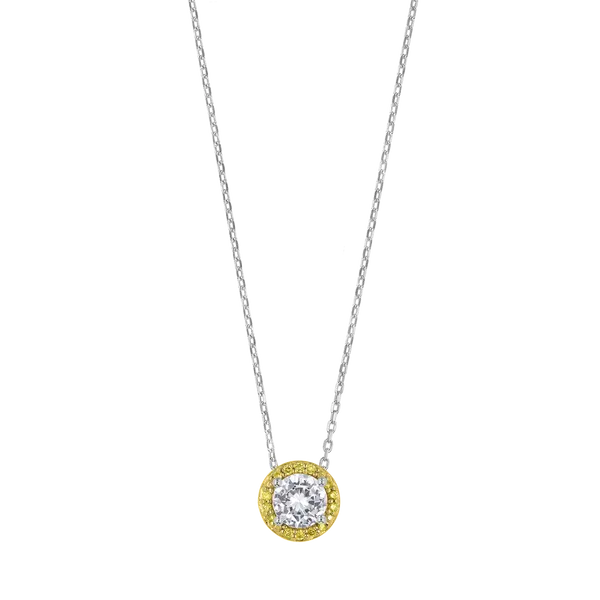 Sterling Silver & Yellow Gold Halo Pendant with Simulated White Sapphire and Natural Yellow Diamonds Arezzo Jewelers Elmwood Park, IL