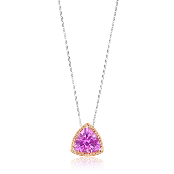 Sterling Silver & Rose Gold Pink Sapphire Trillion Pendant with Natural Brown Diamond Halo Arezzo Jewelers Elmwood Park, IL