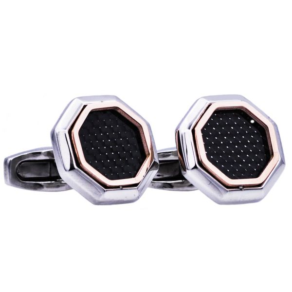 Rose Gold Plated Steel Cuff Links With Black Carbon Fiber Arezzo Jewelers Elmwood Park, IL