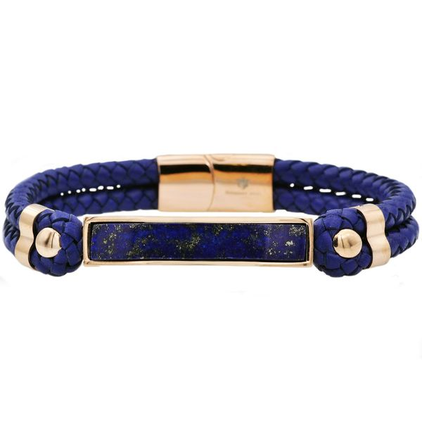 Genuine Lapis Lazuli And Navy Leather Rose Plated Stainless Steel Bracelet Arezzo Jewelers Elmwood Park, IL