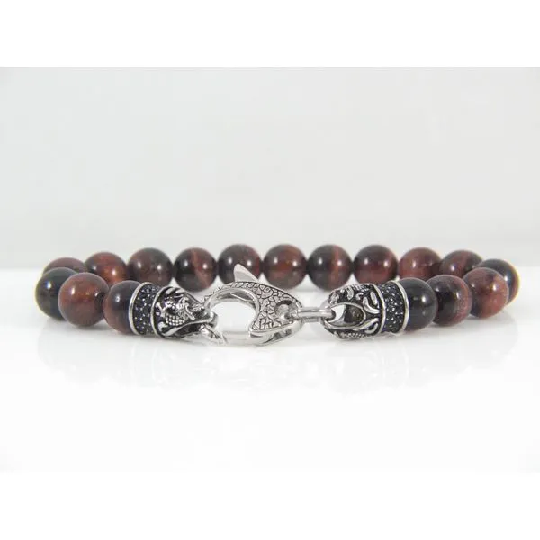 Red Tiger Eye with Black CZ Stainless Steel Bracelet Image 2 Arezzo Jewelers Elmwood Park, IL