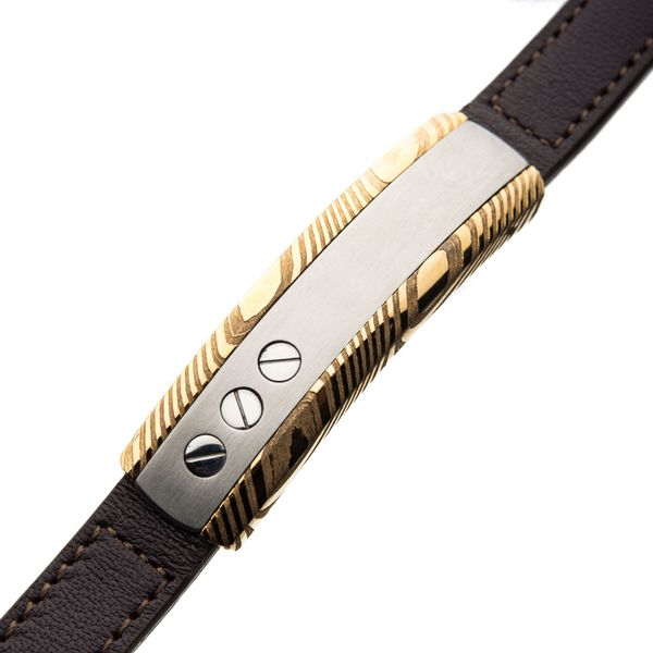 Damascus Steel Gold Plated ID and Head Screw with Brown Leather Bracelet. Image 2 Arezzo Jewelers Elmwood Park, IL