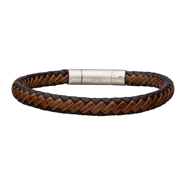 Dark & Light Brown Leather Bracelet with Steel Clasp. Arezzo Jewelers Elmwood Park, IL