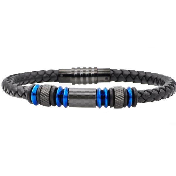 Black Leather Blue Plated Stainless Steel Bracelet With Carbon Fiber Arezzo Jewelers Elmwood Park, IL