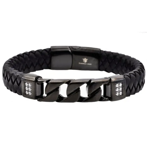 Black Leather And Black Stainless Steel Curb Link Bracelet Arezzo Jewelers Elmwood Park, IL