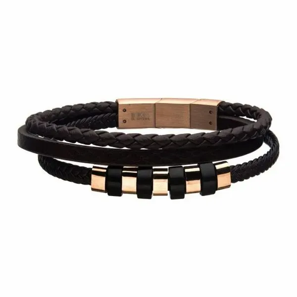 Brown Braided Multi Leather with Steel & Rose Gold IP Beads Bracelet Arezzo Jewelers Elmwood Park, IL