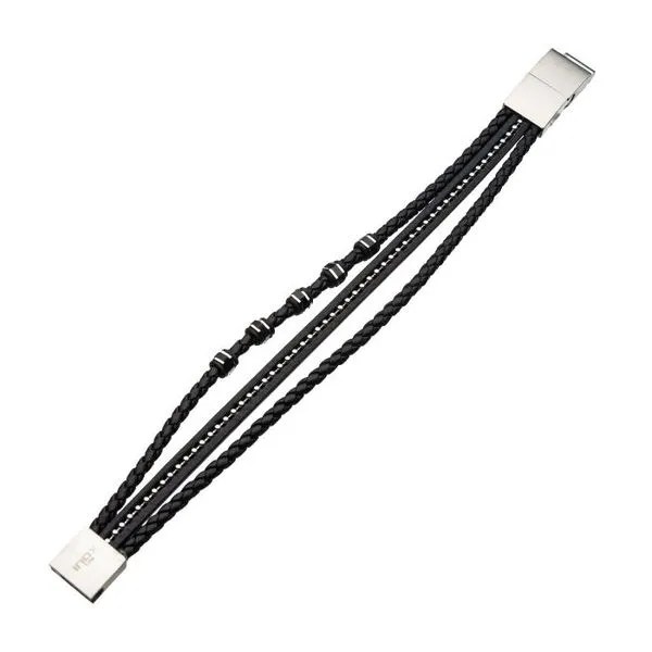 Black Braided Leather with Black & Steel Stoppers & Ball Chains Bracelet Image 2 Arezzo Jewelers Elmwood Park, IL