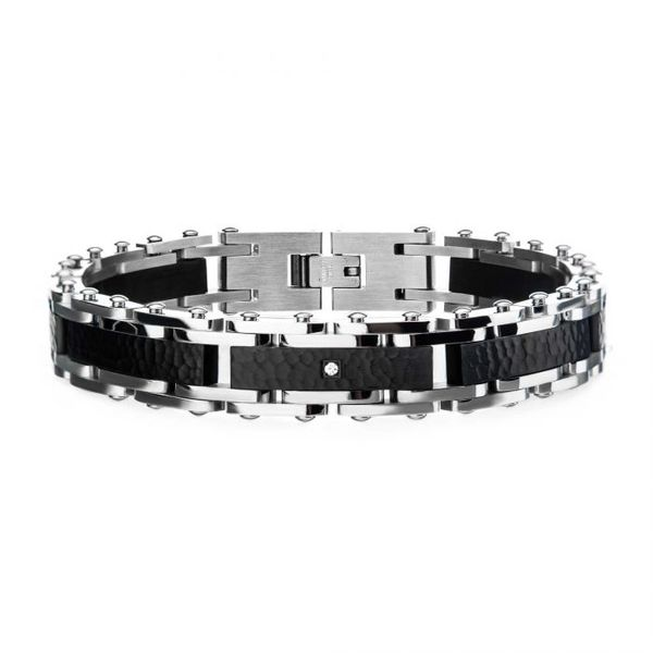 Two Tone Steel, Black Hammered Bracelet with CZ's. Arezzo Jewelers Elmwood Park, IL