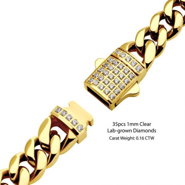 18K Yellow IP Plated Steel Miami Cuban Link Bracelet with LG Diamonds Image 3 Arezzo Jewelers Elmwood Park, IL