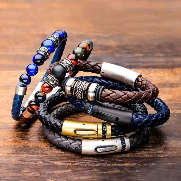 Blue Genuine Leather with Steel & Blue Tiger Eye Bead Bracelet Image 3 Arezzo Jewelers Elmwood Park, IL