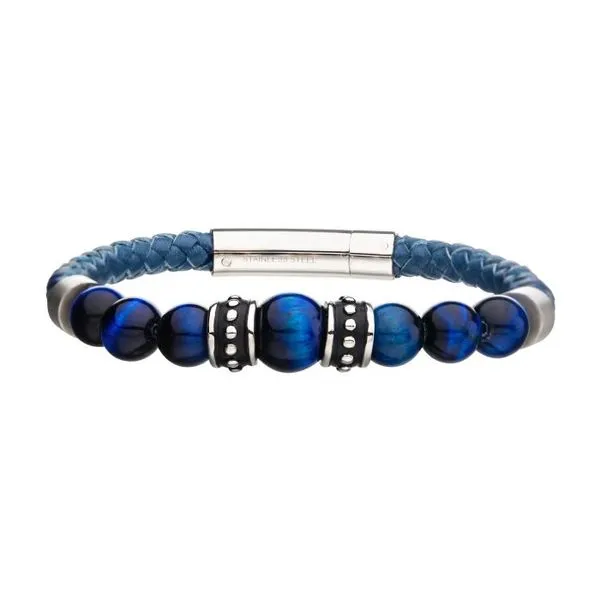 Blue Genuine Leather with Steel & Blue Tiger Eye Bead Bracelet Arezzo Jewelers Elmwood Park, IL