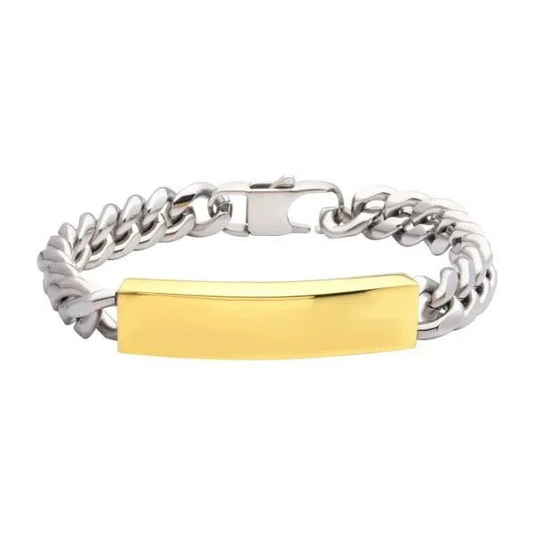 10mm Steel Curb Link Bracelet with 18Kt Gold IP Engravable ID Plate Arezzo Jewelers Elmwood Park, IL