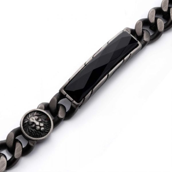 Matte Finish Gun Metal IP with African Lion Sigil & Faceted Black Agate Stone Curb Chain Bracelet Image 3 Arezzo Jewelers Elmwood Park, IL