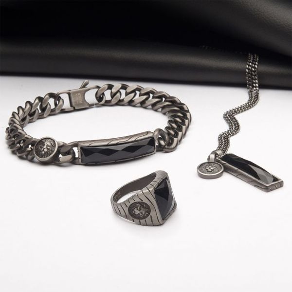 Matte Finish Gun Metal IP with African Lion Sigil & Faceted Black Agate Stone Curb Chain Bracelet Image 4 Arezzo Jewelers Elmwood Park, IL