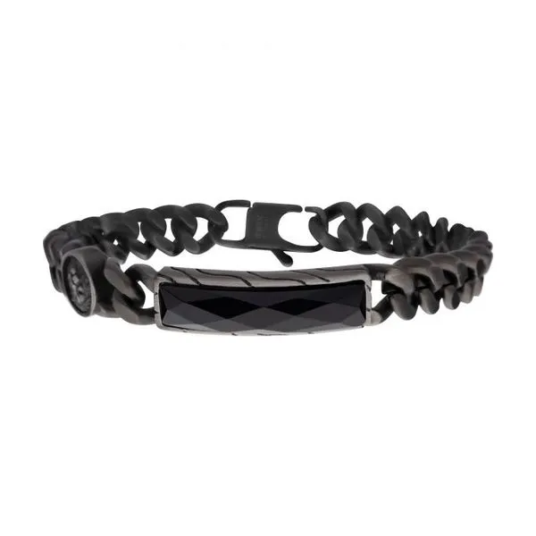 Matte Finish Gun Metal IP with African Lion Sigil & Faceted Black Agate Stone Curb Chain Bracelet Arezzo Jewelers Elmwood Park, IL