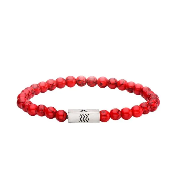 Red Howlite Gemstone Stretch Bead Bracelet with Steel Accent Arezzo Jewelers Elmwood Park, IL
