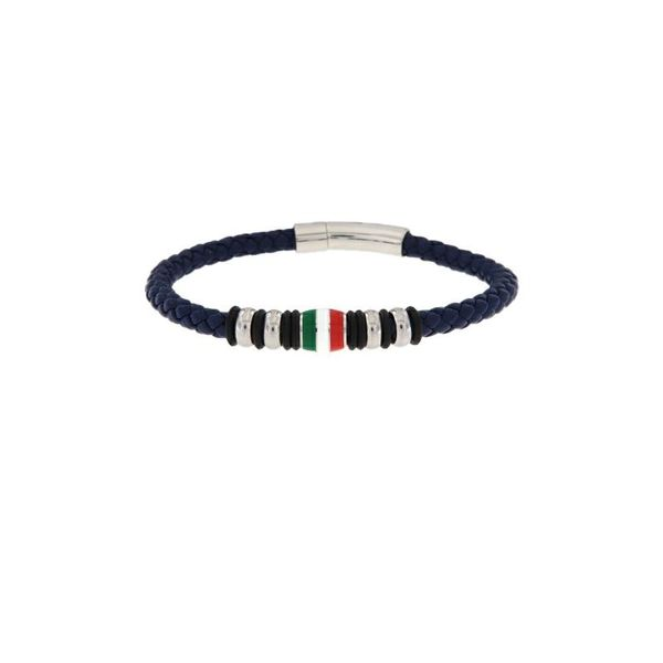 Blue Braided Leather and Stainless Steel Bracelet with Italian Flag Accent Arezzo Jewelers Elmwood Park, IL