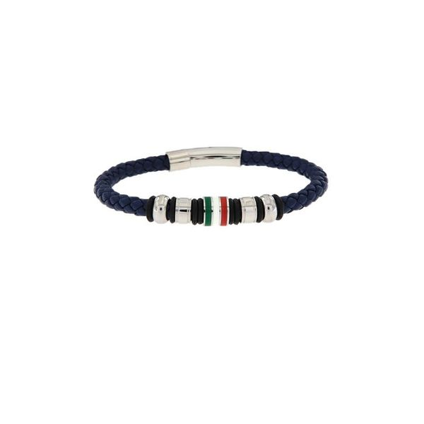 Blue Braided Leather and Stainless Steel Bracelet with Italian Flag Accent Arezzo Jewelers Elmwood Park, IL